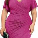 ZOMVA Plus Size 0X-4X Sparkly Glitter Ruched Bodycon Mini Dress Sparkle Sequin Wrap Ruffle Sleeve Dress Cocktail Party Formal, Rose Red, 1X