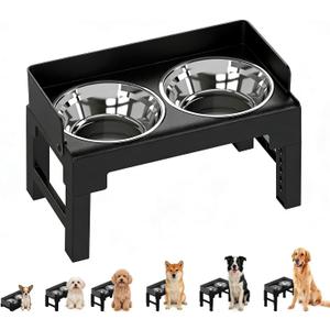 PAKEWAY Elevated Dog Bowls, Spill Proof, Tiltable Dog Feeder with 2 Stainless Steel Bowls, 6 Height Adjustable Raised Bowl (Black)