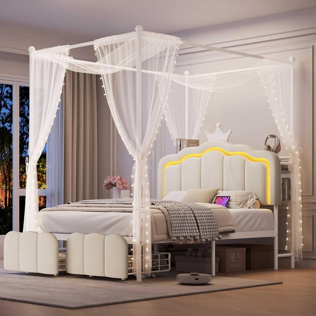 Full Velvet Upholstered LED Canopy Bed Frame with 2 Storage Drawers and Charging Station, Crown Headboard with Bookshelf, Two-Use Princess Platform Bed with 4 Removable Posts,Metal Slats Support-Beige (Biege)