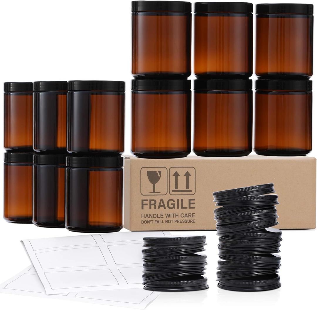 12 Pack, 8 OZ Dark Amber Candle Jars for Making Candle - Thick Glass Jars with 12 Metal & 12 Plastic Lids - Empty Round Food Storage Containers, Canning Jar For Spice, Liquid, Sample - Food Grade