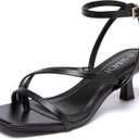 Kitten Heels for Women Low Strappy Lace Up Heels Square Toe Thong Ankle Strap Heels Fashion Comfort Dress Shoes (7, Black)
