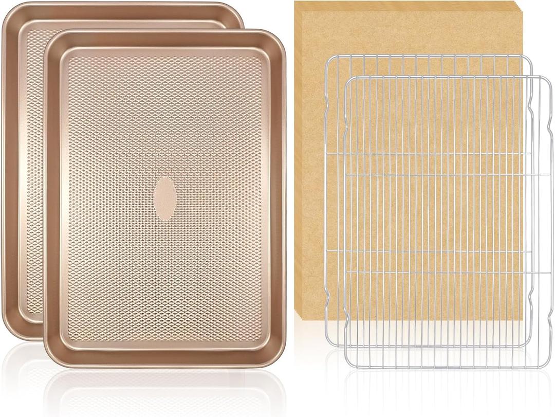 2 Pack 17'' Baking Sheet Set with Rack and Parchment Paper (2 Pans + 2 Racks + 50 Papers), Non-Stick Cookie Sheet with Food Cooling Rack, Heavy Duty & Warp Resistant, No Rust Large Baking Pan