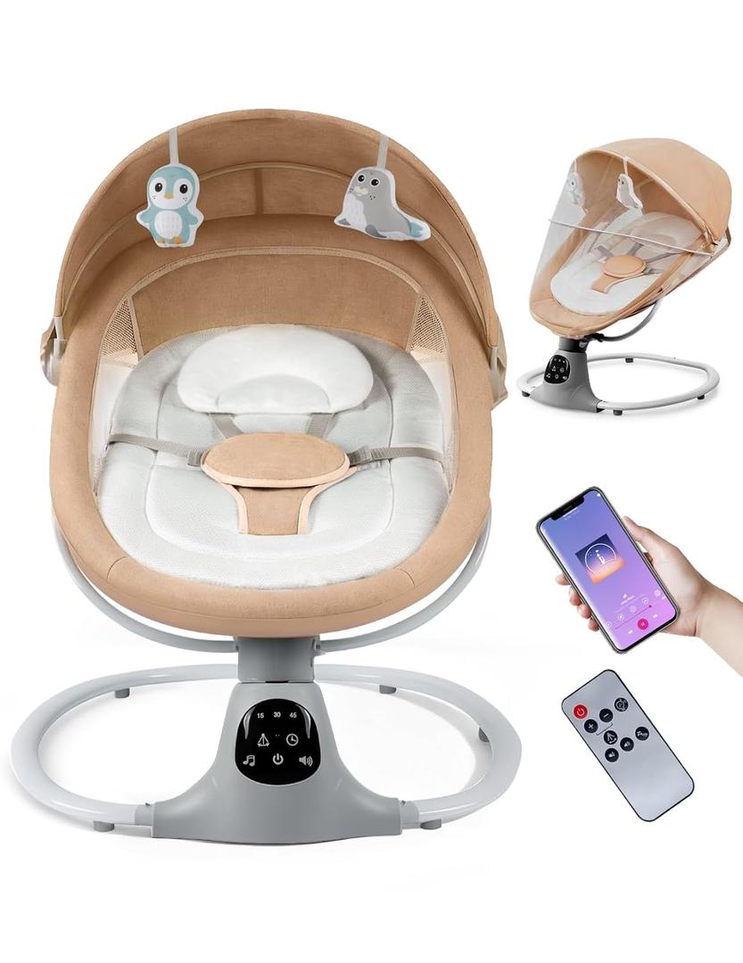 Electric Baby Swing for Infants to Toddler, Portable Swing Baby Rocker with 5 Point Harness, 5 Sway Speed, Bluetooth,12 Preset Lullabies with Remote Control, Infant Swing for Baby Boys & Girls, Khaki