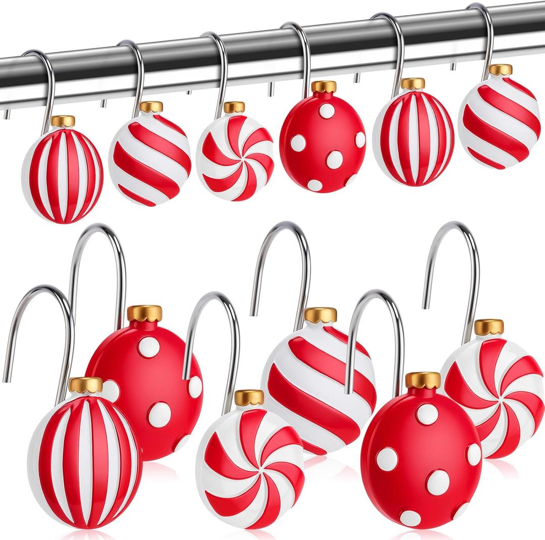Yungyan 12 Pcs Christmas Ball Shower Curtain Hooks Candy Curtain Hangers Xmas Decorative Rings Accessories for Holiday Bathroom Restroom Decor