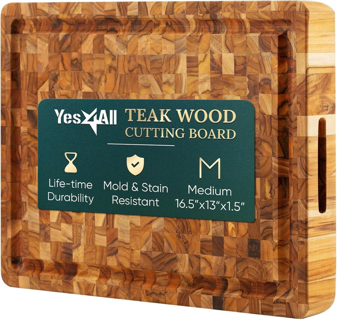 Yes4All Durable Teak Cutting Boards for Kitchen, [17''L x 13''W x 1.5 Thick] Medium End Grain Cutting Board, Pre Oiled Wood Cutting Boards, Thick Chopping Board w/Juice Grooves and Easy Grip Handle