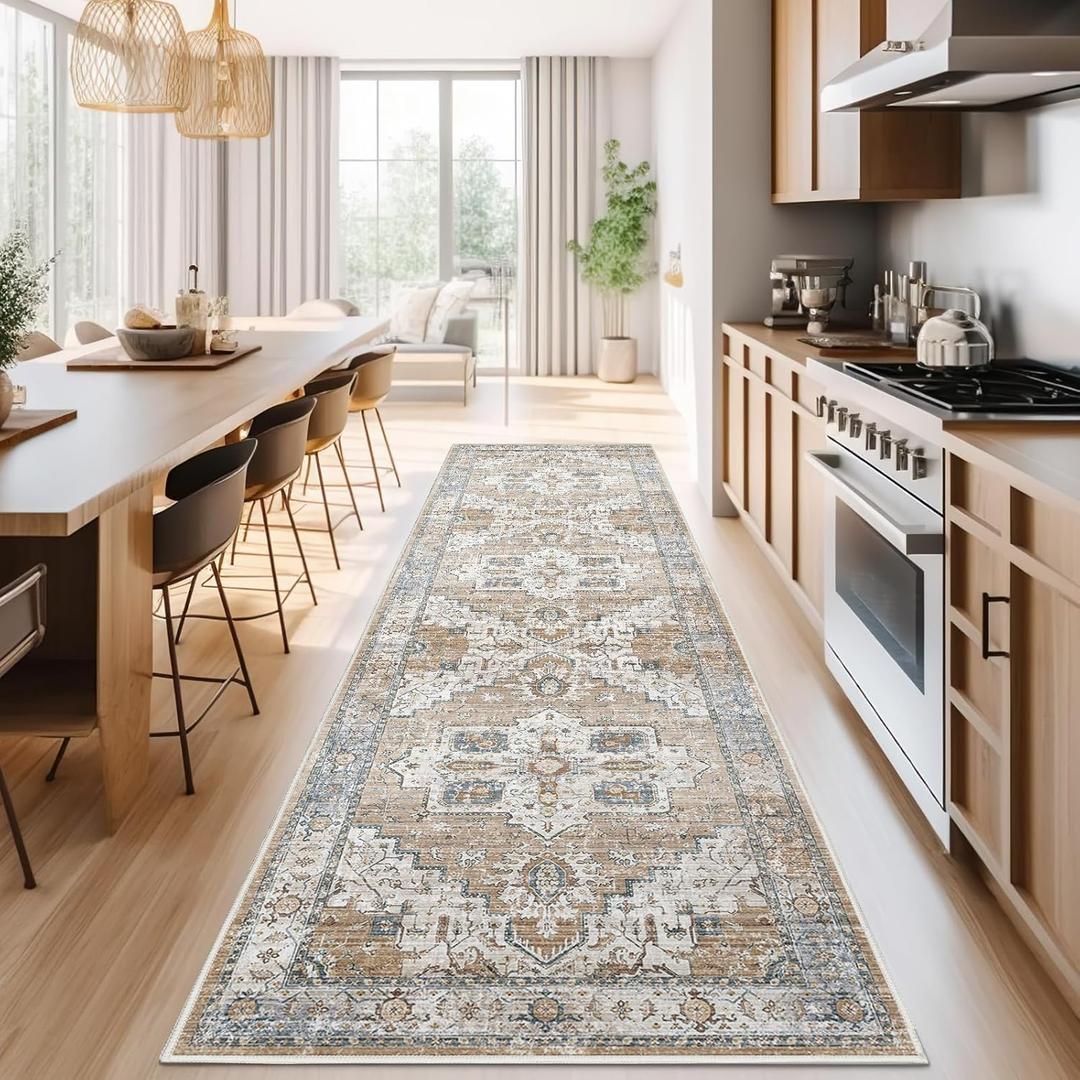 jinchan Runner Rug 3x8 for Hallway - Kitchen Machine Washable Vintage Floral Non-Slip with Rubber Backing Ultra-Thin Low-Pile Carpet Runner for Entryway Bedroom Laundry Room (3x8ft,Orange) (Retro Orange/Blue)