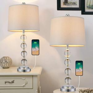 BOBOMOMO Modern Crystal USB Table Lamps Set of 2 for Living Room Nightstand Bedroom 25" Bedside Desk Lamp Silver Shade