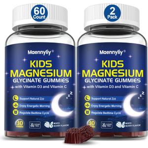 Magnesium Glycinate Gummies for Kids- Magnesium Glycinate 50mg Supplement with D3 & C - Sugar-Free, Mixed Berry Flavor, Vegan, 60 Gummies