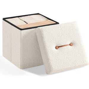 SONGMICS Small Folding Storage Ottoman, Foot Rest Stool, 15 x 15 x 15 Inches, Ottoman with Storage, Load up to 660 lb, for Living Room, Bedroom, Dorm, Cream White ULSF095W01