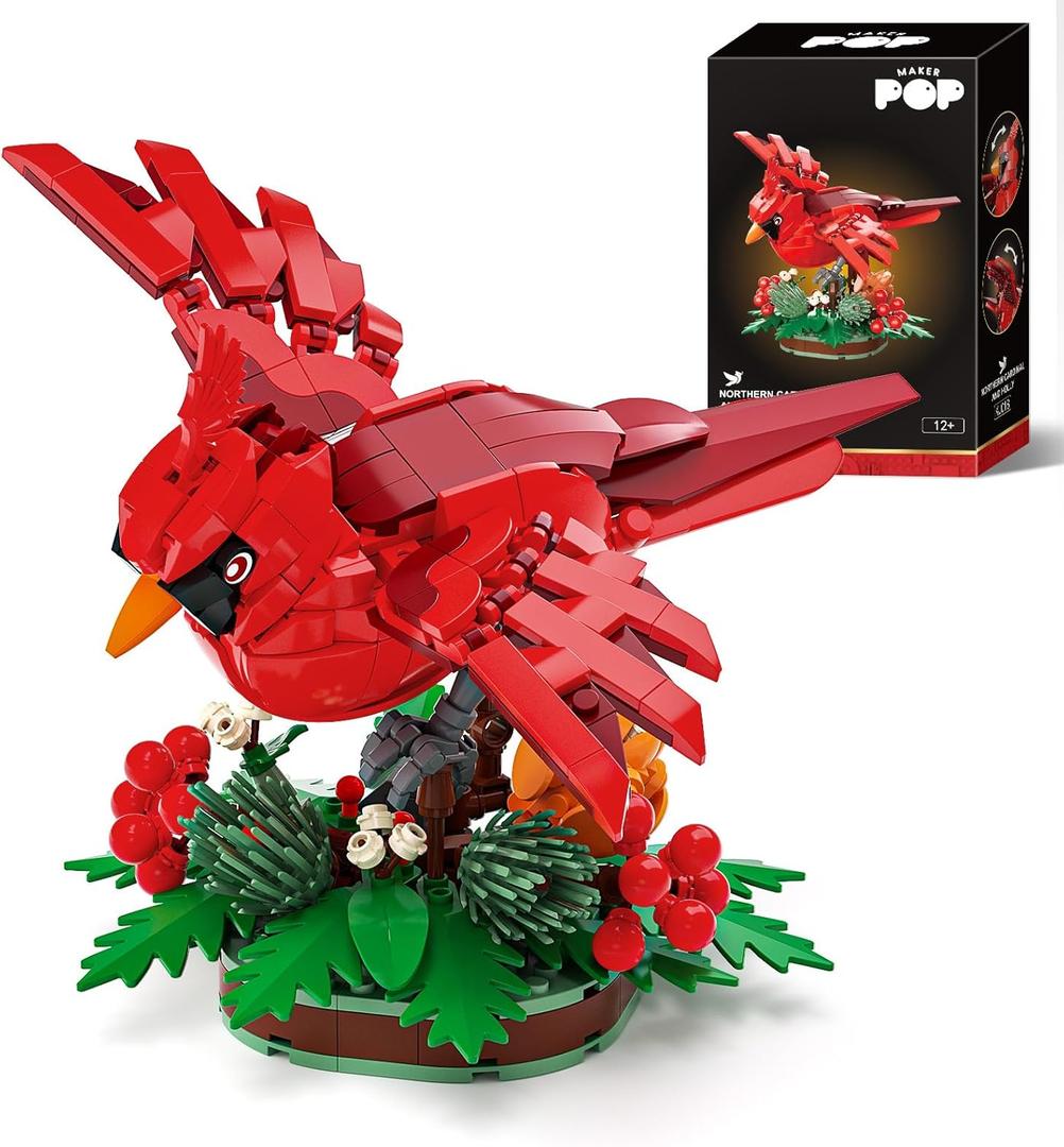 Northern Cardinal Building Block Set, Male Northern Cardinal Fly in Winterberry Plant Bush, Red Bird Figurine, Ideal for Home and Office Dcor, Christmas Toy Gift for Kids, Adults