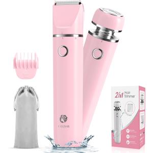 Bikini Trimmer and Shaver Kit for Women - 2-in-1 Wet/Dry Electric Body Hair Trimmer Facial Hair Removal Cordless Waterproof Bikini Shaver Razor for Face Lip Chin Pubic Underarm Legs (Pink)