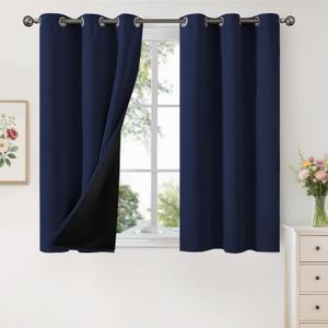 YoungsTex 100% Blackout Curtains 48 Inches Long for Bedroom, Thermal Insulated Drapes with Grommet Full Room Darkeningg with Black Liner for Bedroom, Navy Blue, 2 Panels, 42 X 48 Inch