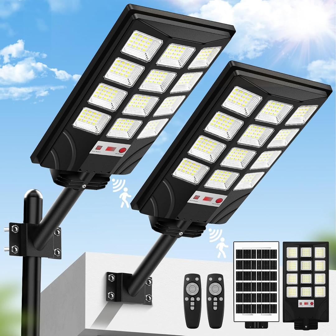Brightever Solar Street Light Outdoor, 20000LM 6500K Waterproof Motion Sensor LED Solar Powered Flood Light with Remote Control, Dusk to Dawn Commercial Area Lighting for Outside Parking Lot, 2-Pack