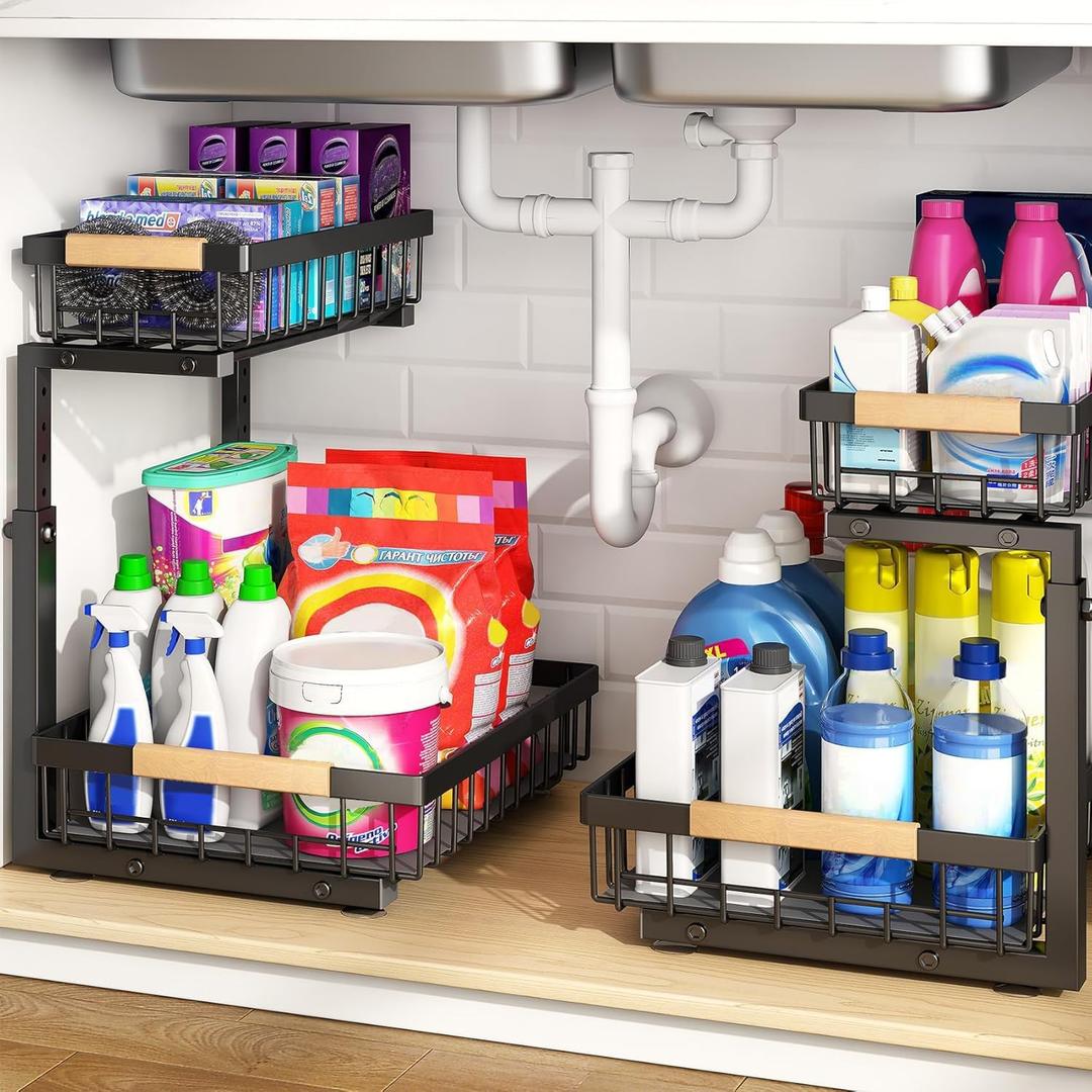 PXRACK 2 PACK Under Sink Organizer, Adjustable Height, 2 Tier Pull Out Under Cabinet Organizer, Thickened Metal Shelf, Slide Out Under Sink Storage for Kitchen Bathroom Cabinet Laundry