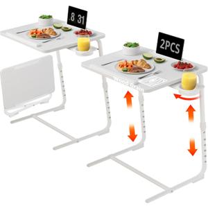 TV Trays Set of 2 - Folding TV Tray Adjustable Dinner Trays for Eating On Couch Wooden Tables Mate Stand Foldable White Desk with Cup Holder Portable