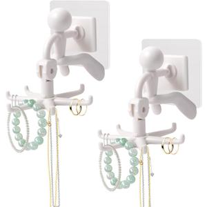 2 x 2 PCS 360Rotating Hanging Jewelry Organizer for Storage Necklace, Bracelets, Watches, Rings, Self-Adhesive Necklace Holder Organizer for Wall, Closet and Door, Bathroom, White
