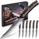 SYOKAMI Steak Knives Set of 6, 4.8 Inch Carbon Steel Japanese Style Non-Serrated Meat Knife with Damascus Pattern, Ergonomic Full-Tang Non-Slip Wooden Handle, Thanksgiving Christmas Cooking Gifts