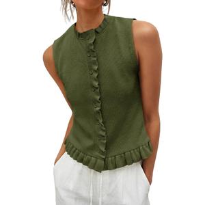 Saodimallsu Womens Sleeveless Sweater Vest Ruffle Button Down Knit Tank Top Summer Trendy Going Out Vest Tops (Medium, Army Green)