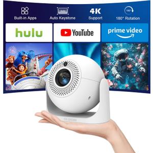 Mini Projector with WiFi and Bluetooth, Built-in Apps Portable Projector 4K Support, Auto Vertical Keystone & Auto Focus, 200 ANSI, 5W Speaker 180 Rotatable Smart Proyector for Movie Home Outdoor