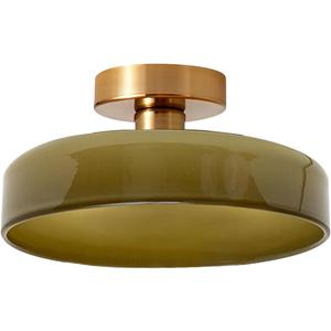Dome Flush Mount Ceiling Light Mid Century Modern Semi Flush Mount Ceiling Light fixtures with Green Round Glass Shade Brushed Gold Brass Flush Mount Lights for Hallway Dining Room, 13.8 inches , 5.1 inches
