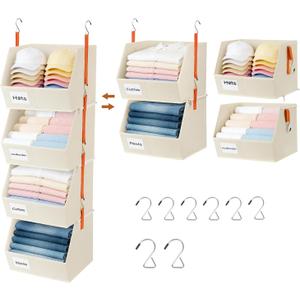 4 Pcs Modular Closet Organizer - Detachable & Foldable Hanging Storage Cubes, 88L Total Capacity, Heavy Duty Fabric Shelves for Wardrobe, Closet Organization, RV, Dorm, Beige