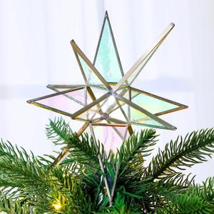 7 Inch Moravian Star Christmas Tree Topper Moravian Stained Glass Star Ornament Iridescent Christmas Tree Decoration Colorful Window Hanging Decoration Church Gift(White)