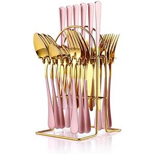 24 Pieces Flatware Set, Caliamary Stainless Steel Flatware Set with Silverware Holder Spoons Forks Knives, Utensils Set Service for 6, Gold Mirror Polished and Matte Pink Painted (Pink)