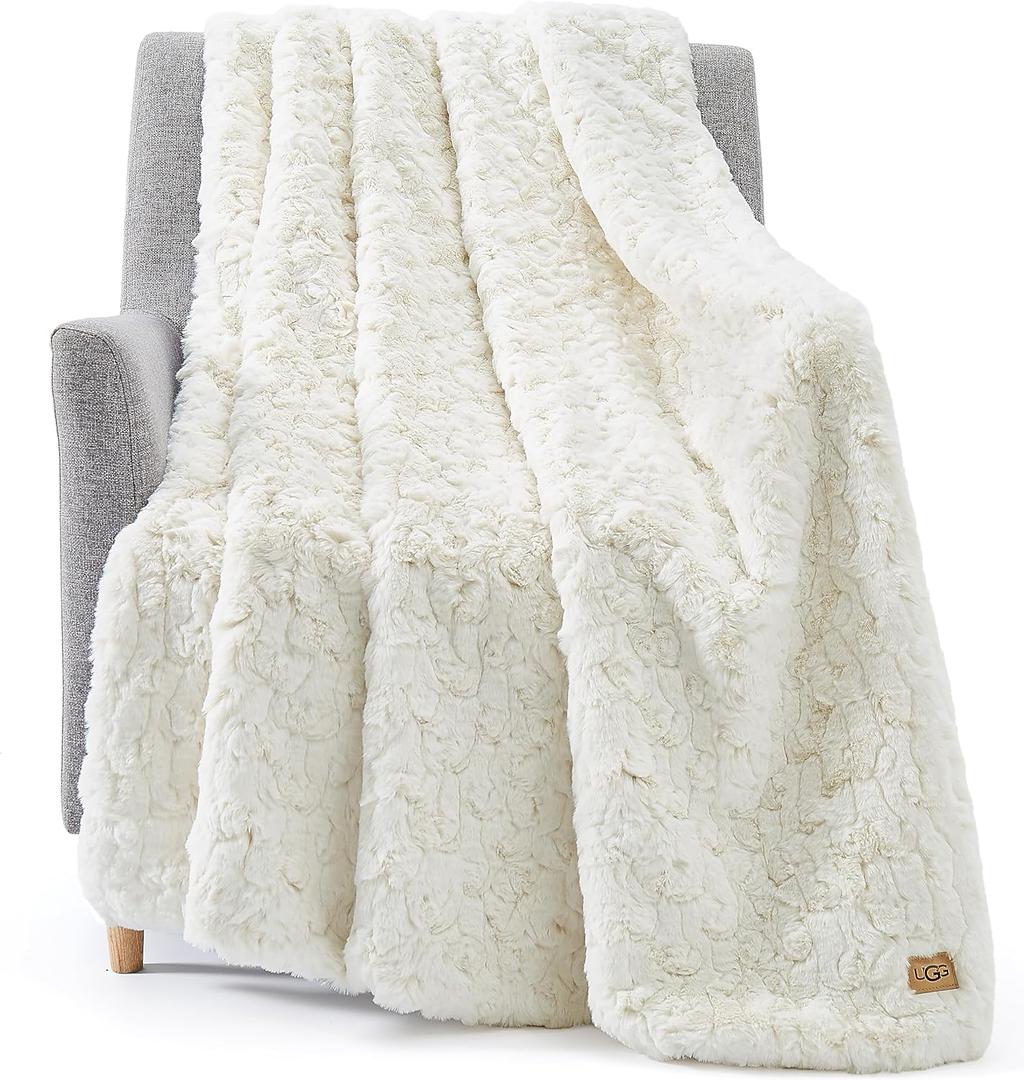 UGG 25517 Amanda Super Soft Comfy Reversible Oversized Textured Plush Flannel Faux Fur Machine Washable Throw Blanket Luxurious Warm Fuzzy Cuddly Blankets for Sofa Couch or Bed, 50 x 70-inch, Snow (White)