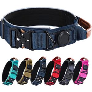 AirTag Dog Collar, 2" Wide Tactical Military Dog Collar with AirTag Holder, Comfortable Leather Handle and Metal Buckle, Reflective, Padded, Heavy Duty GPS Dog Collars for Large Dogs(Dark Blue, L) (Neck Girth: 17.7-24.4)