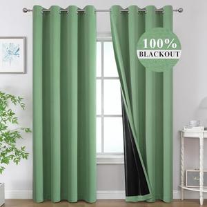 Estelar Textiler Sage Green 100% Blackout Curtains for Living Room, Thermal Insulated Complete Light Blocking Curtains for Bedroom, Noise Reducing Grommet Drapes with Black Liner, 52Wx84L, 2 Panels