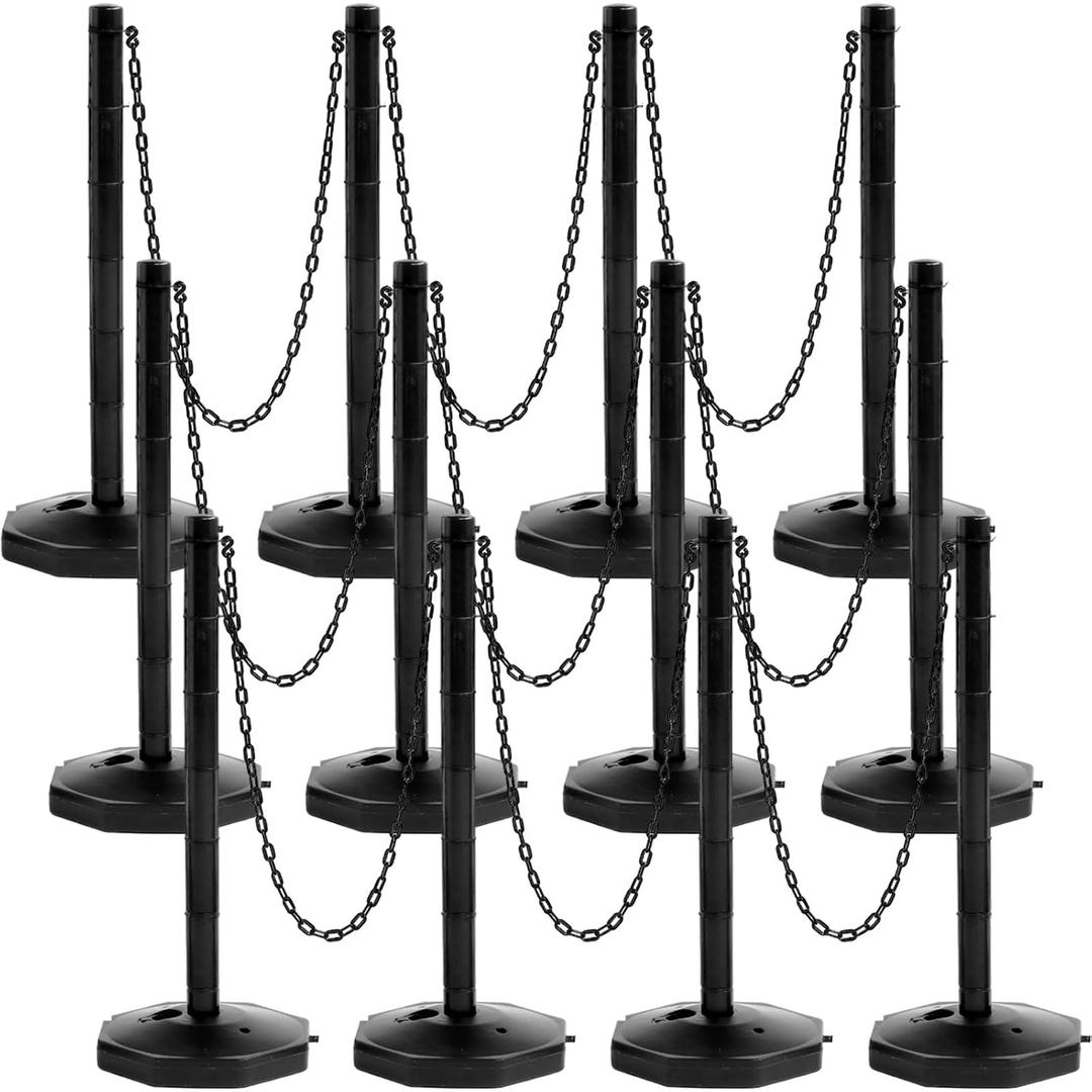 Geiserailie 12 Pack Crowd Control Stanchions, Plastic Stanchions Poles with 5FT Black Plastic Chain Crowd Control Barriers with Fillable Base Traffic Delineator Posts for Parking Lot Construction Cone