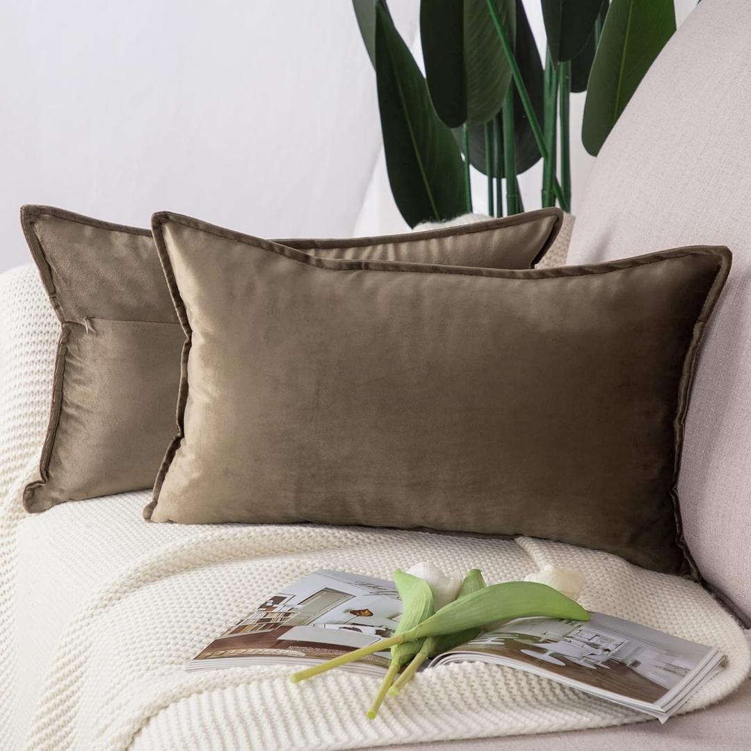 MADIZZ Set of 2 Super Soft Velvet Decorative Throw Pillow Covers 12x20 inch Brown Rectangular with Fringe Luxury Style Cushion Case Pillow Shell for Sofa Bedroom (20" x 12" (Pack of 2), Brown)
