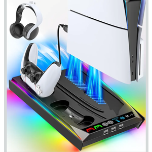 Rysker PS5/Slim/Pro Stand, PS5 Cooling Station Builtin 3Level Cooling Fan & Fast Charger for Disc & Digital, PS 5 Accessories with Safety Screw and Headset Holder