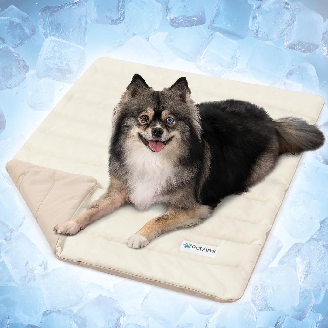 PetAmi Dog Cooling Mat, Q-Max Pet Cooling Blanket with Thick Cushioning, Self Cooling Pad for Dogs & Cats, Reversible Summer Mat for Crate, Couch, Kennel, Taupe/Beige, Small (24x32)
