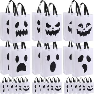Sanwuta 24 Pcs Halloween Tote Gift Bags 14.9 x 11.8 Large Treat or Trick Ghost Reusable Non Woven Candy Goodies Bags for Halloween