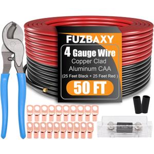 4Gauge Wire (25 Feet Black+25 Feet Red) Copper Clad Aluminum Automotive Power Ground Cable Wire,20PCS Lugs Terminal Connectors,Heat Shrink Tubing,100A ANL Fuse with Cable Cutter