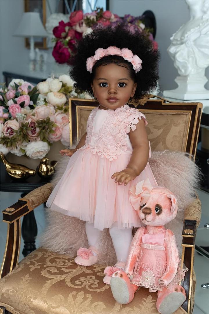 RXDOLL Reborn Toddler Baby Dolls Black Girl 26 Inch Big Size African American Realistic Baby Dolls That Look Real Babies Biracial Silicone Toddler Doll with Pretty Dress