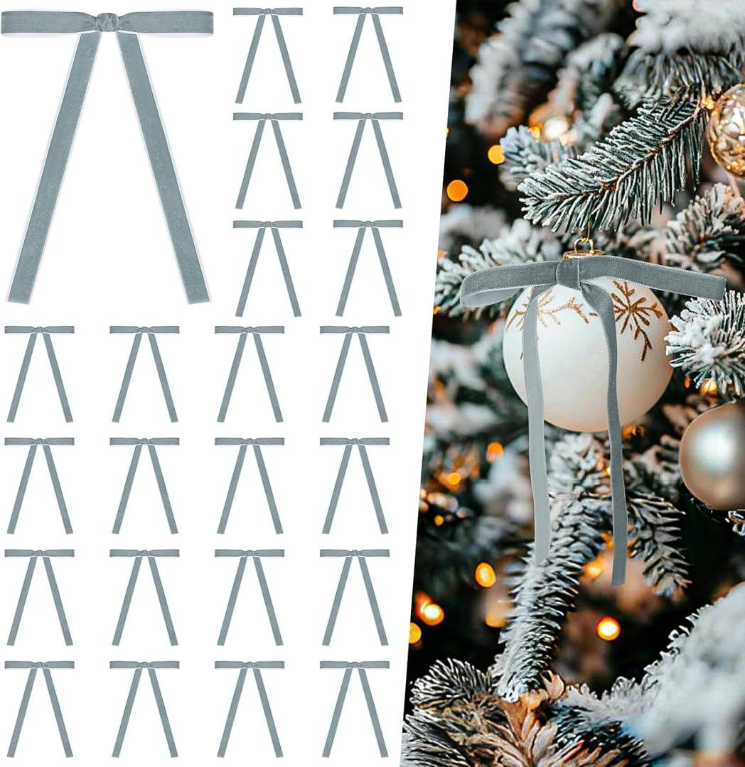 2 x Artmag 24 Pcs Velvet Bows for Christmas Tree Rustic Bows Velvet Christmas Ornaments for Door Garland Wreath Gift Party Holiday Decoration (Width of 5/8",Grey) (Gray)
