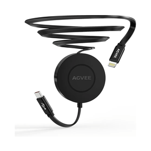 AGVEE 1.6ft Fixed / 2.3ft Extend USB-C to Lightning Charger Cable Mountable One Way Retractable 27W Fast Charging Cord, Pocket-Sized for iPhone 14 13 12 11 XS, Desk Organizer, Black