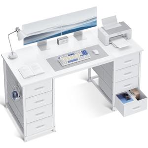 ODK 48 Inch White Computer Desk with 8 Fabric Drawers, Modern Office Desk with Large Storage for Home Office, Study, Gaming, White