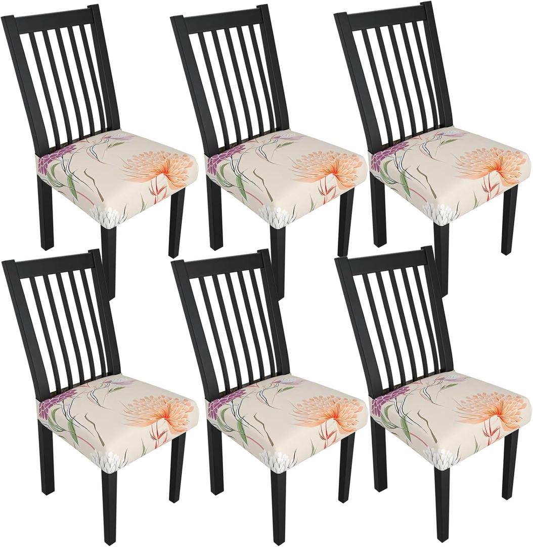 Stretch Dining Chair Seat Covers Set of 6,Dining Chair Slipcovers, Floral Printed Chair Covers,Soft Fabric Washable Upholstered Chair Seat Protector, No Rear Covers for Home Kitchen Dining Room (Dahlia)