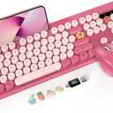 Wireless Keyboard and Mouse Combo, Retro Round Keycaps, Full-Size Cute Typewriter Keyboard with Large Phone/Tablet Holder, Auto-Sleep, 2.4GHz Cordless Connection for Windows/PC/Laptop (Camellia Rose)