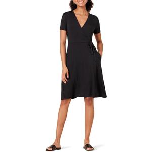 Amazon Essentials Women's Short Sleeve Faux-Wrap V Neck Dress (Black) XL