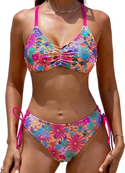 CUPSHE Women's 2 Piece Bikini Set Back Braided Straps with Reversible Bottom (Medium, White/Green Tropical)