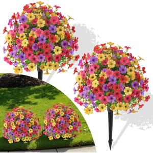 Alupssuc 2Pcs 20" Artificial Topiary Ball Flowers For Outdoors Planters, Spring Decoration with Spike, UV Resistant Faux Summer Plants, Fake Bushes Indoor Decor, Mix 4 Colors for Garden, Porch & Patio