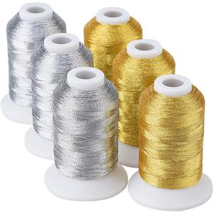 Simthread 6 Spools Metallic Embroidery Machine Thread (3 Gold+ 3 Silver Colors) 500M(550Y) for Embroidery and Decorative Sewing