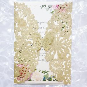 5''x7.3'' 20PCS Champagne Wedding Invitation Cards with Butterfly and Envelopes Glitter Laser Cut Lace Flora Invitations for Wedding Engagement Quinceaera Party (Champagne Glitter)
