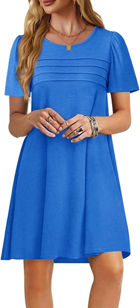 Imily Bela Womens Summer Casual T Shirt Dress Short Sleeve Crewneck Pleated Front Loose Beach Flowy Mini Dresses, Size: Large