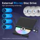 External Blu-ray Burner, 6X BD-RE Writer & 3D Blu-ray Player, USB 3.0 & Type-C Portable Optical Drive, CD/DVD Reader Burner for Laptop Desktop PC, Compatible with Windows 11/10/Mac OS/Linux