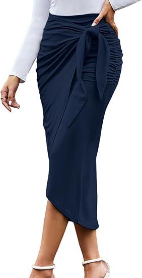 Women Ruched Pencil Skirt High Waist Wrap Tie Front Asymmetrical Long Maxi Skirts Bodycon with Slit (Large, Army Green)